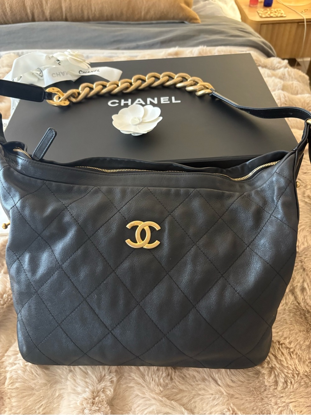 CHANEL Black Quilted Leather Large Hobo Bag with Gold CC Chain